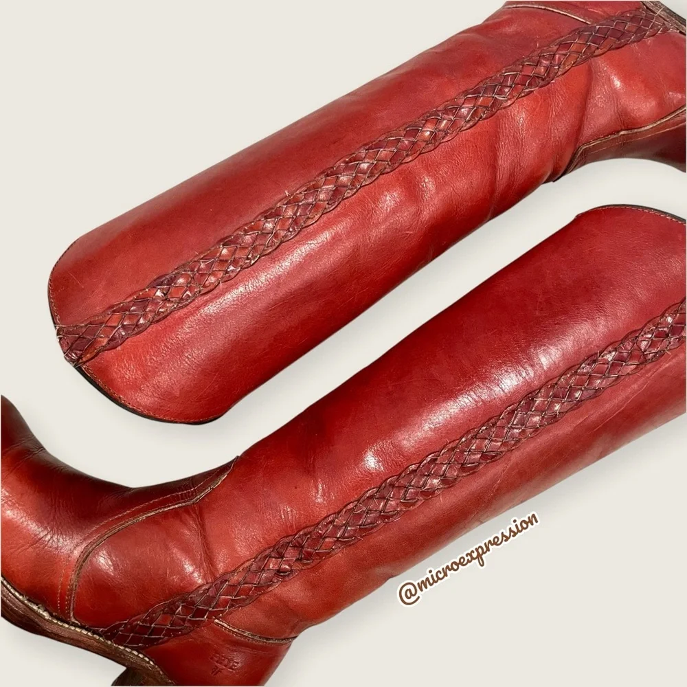 VINTAGE 1970s Frye Leather Red-Brown Leather Braided Knee High Block Heel Boot